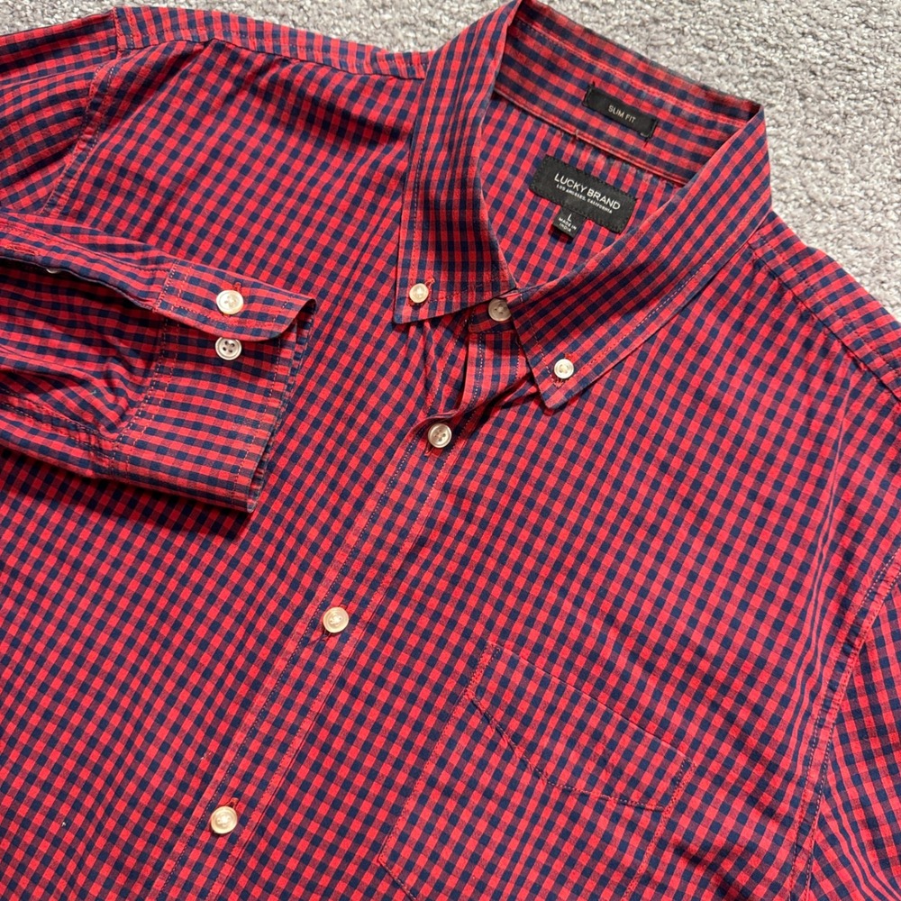 Lucky Brand Shirt Mens L Red Blue Gingham Cotton Slim Fit Casual Button Down